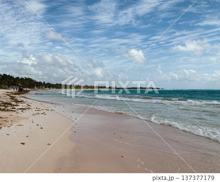 Beach coast in Caribbean sea of the Gulf of Mexico. Summer beautiful day.Wallpaper Beach coast in Caribbean sea of the Gulf of Mexico. Summer beautiful day.Wallpaper 137377179