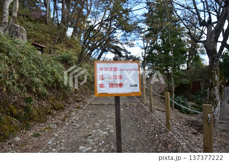 日本の岐阜県の高山市　城山公園の遊歩道　入り口に掲げられたクマ注意の立て看板 137377222