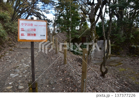 日本の岐阜県の高山市 城山公園の遊歩道 入り口に掲げられたクマ注意の立て看板 日本の岐阜県の高山市 城山公園の遊歩道 入り口に掲げられたクマ注意の立て看板 137377226