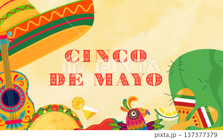 Cinco de Mayo celebration with traditional Mexican elements like sombrero, guitar, taco, chili and margarita, creating a festive border for text Cinco de Mayo celebration with traditional Mexican elements like sombrero, guitar, taco, chili and margarita, creating a festive border for text 137377379