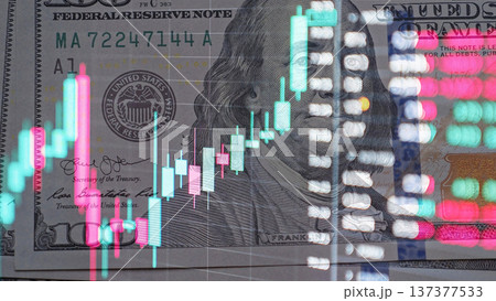 Green Red Candlestick Chart Moving Over Dollar Bills. Stock Market Growth, Currency Exchange Rate, Oil Gas Energy Price Rise, Investment Trading Finance Concept. Financial Background 137377533