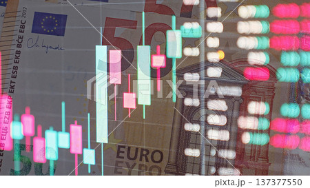 Euro Banknote Overlaid With Green Red Candlestick Chart. Stock Market Growth. Rising Oil, Gas, Energy Stock Prices, European Market Growth Investment Concept. Financial background 137377550