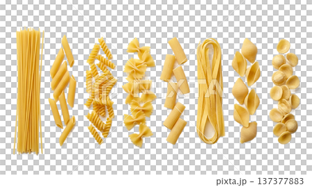 パスタ8種類の形状比較セット｜スパゲッティ・ペンネ・リガトーニ・タリアテッレ他・透過PNG 137377883