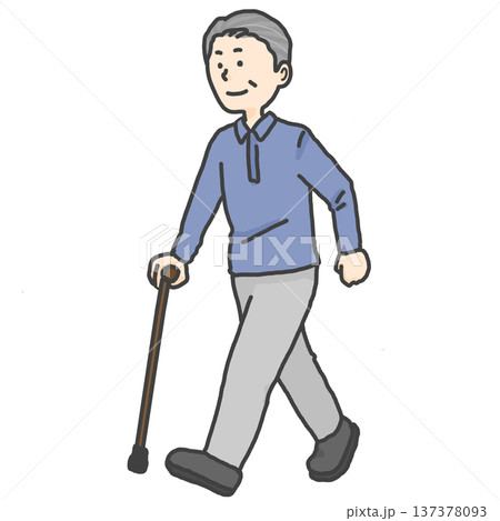 高齢者　男性　女性　杖　歩行　リハビリ　散歩　予防介護　要支援　全身　 137378093