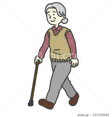 高齢者　男性　女性　杖　歩行　リハビリ　散歩　予防介護　要支援　全身　 137378095