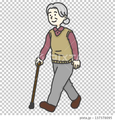 高齢者　男性　女性　杖　歩行　リハビリ　散歩　予防介護　要支援　全身　 137378095