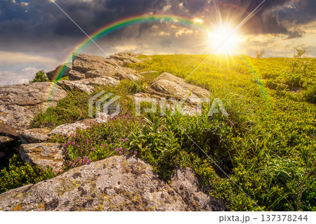 sunny mountain landscape in summer under blue sky at sunset. lush green grass and sharp rocks on steep hillside in evening light. beautiful view of remote place in alpine environment under rainbow sunny mountain landscape in summer under blue sky at sunset. lush green grass and sharp rocks on steep hillside in evening light. beautiful view of remote place in alpine environment under rainbow 137378244