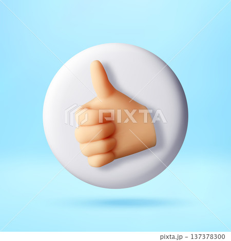 3D Thumb up gesture on white circle, like button. 137378300