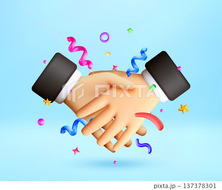 3D Two hands shaking with confetti. 3D Two hands shaking with confetti. 137378301