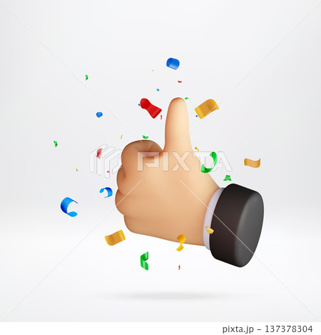 3d hand showing thumb up gesture with confetti. 3d hand showing thumb up gesture with confetti. 137378304