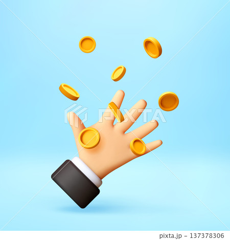 3D Hand reaching for falling gold coins. 137378306