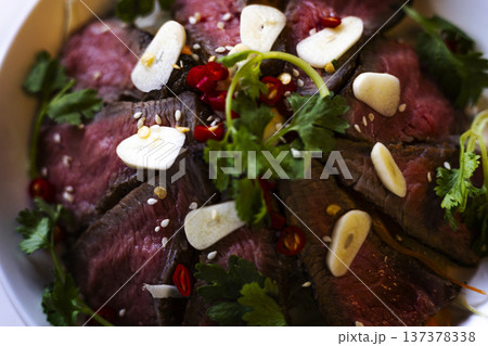 Grilled Beef In Japanese Sauce With Thai Spicy Flavors, A mouthwatering photo of grilled beef glazed in rich Japanese sauce with bold Thai spicy flavors, for culinary documentary and fusion food. 137378338