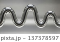 Silver chrome metallic wavy ribbon flowing in smooth curves against gray gradient background 3D render 137378597
