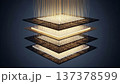 Three dimensional stacked computer processor chips with glowing golden circuit pathways and vertical light beams showing multilayer semiconductor technology architecture 137378599