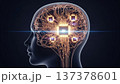 Artificial Intelligence Brain Concept with Glowing Circuit Board Neural Network and Central AI Processor Chip in Transparent Human Head Profile 137378601