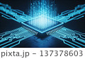 Blue glowing CPU processor chip with holographic data streams and circuit board connections technology concept 137378603