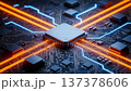 Central processing unit CPU chip with glowing orange blue circuit board connections data flow visualization technology concept 137378606
