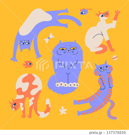 Quirky cats vector collection on yellow background. Hand drawn funny weird feline characters in abstract colorful style. Cute and adorkable pet animal set for childish stickers, kids print and design. 137378830