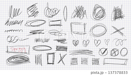 Hand drawn chaos scribble vector set on grid paper. Abstract pencil sketches, messy squiggles and rough pen strokes. Chaotic ink doodle shapes for grunge design, punk posters and text notes. Hand drawn chaos scribble vector set on grid paper. Abstract pencil sketches, messy squiggles and rough pen strokes. Chaotic ink doodle shapes for grunge design, punk posters and text notes. 137378833