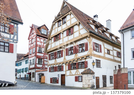 Historic Zunfthaus der Schiffleute, a traditional guildhouse in Ulm, Germany. Features half-timbered architecture with a sloped roof and decorative windows. 137379100