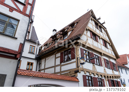 Historic Zunfthaus der Schiffleute, a traditional guildhouse in Ulm, Germany. Features half-timbered architecture with a sloped roof and decorative windows. 137379102