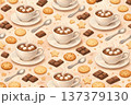 Sweet Beverage Background with Cocoa Cups and Chocolate Bars 137379130