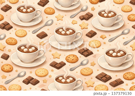 Sweet Beverage Background with Cocoa Cups and Chocolate Bars 137379130