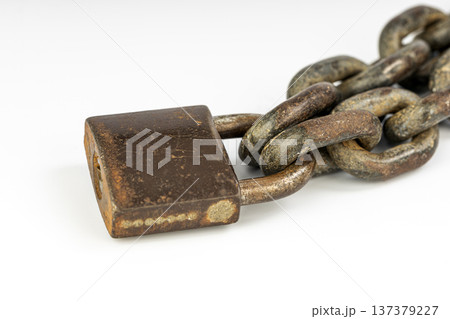 Rusty locked padlock and chain isolated on white background Rusty locked padlock and chain isolated on white background 137379227