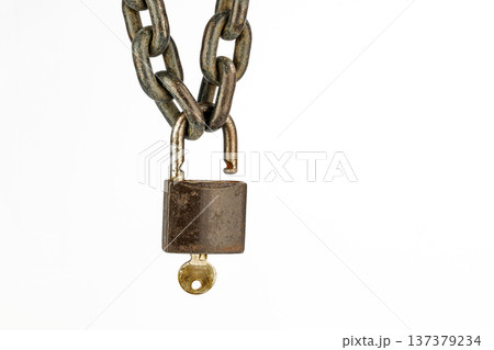 Rusty unlocked padlock with copy space isolated on white background 137379234