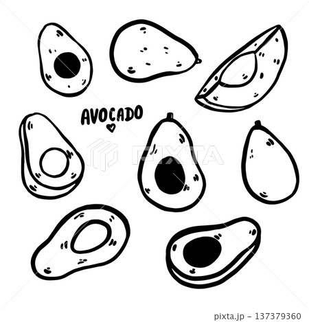 Hand drawn doodle avocado illustration. Whole avocado and sliced pieces isolated on white background. Simple outline drawing suitable for food design, packaging, branding, prints, menus, and healthy 137379360