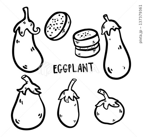 Hand drawn doodle eggplant illustration. Eggplants of different shapes, whole and sliced pieces isolated on white background. Simple outline drawing suitable for food design, packaging, branding, Hand drawn doodle eggplant illustration. Eggplants of different shapes, whole and sliced pieces isolated on white background. Simple outline drawing suitable for food design, packaging, branding, 137379361