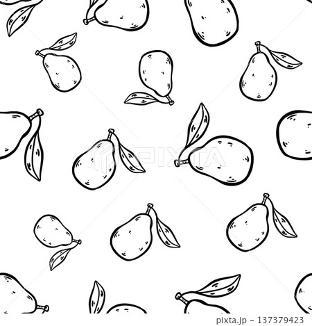 Hand drawn doodle pear seamless pattern. Repeating pears isolated on white background. Simple outline design suitable for textiles, wallpapers, packaging, prints, stickers, and food-themed projects. 137379423
