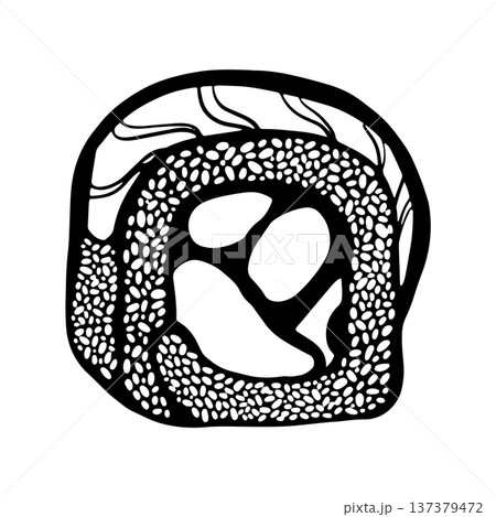 Hand drawn doodle sushi illustration. Single sushi piece isolated on white background. Simple outline drawing suitable for food design, packaging, branding, prints, menus, and Japanese cuisine 137379472