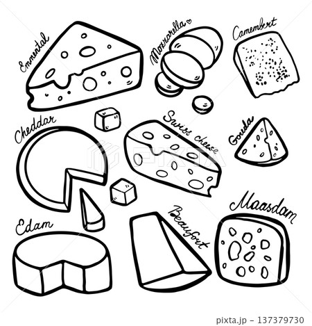 Hand drawn doodle cheese vector set. Includes mozzarella, cheddar, edam, gouda, and maasdam cheese pieces isolated on white background. Simple outline drawings suitable for food design, packaging Hand drawn doodle cheese vector set. Includes mozzarella, cheddar, edam, gouda, and maasdam cheese pieces isolated on white background. Simple outline drawings suitable for food design, packaging 137379730
