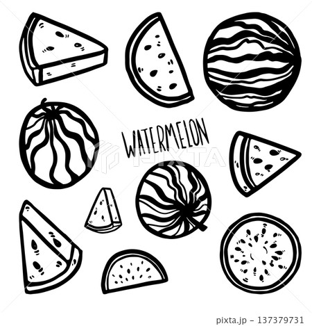Hand drawn doodle watermelon illustration. Includes whole watermelon and sliced pieces isolated on white background. Simple outline drawing suitable for food design, packaging, branding, prints Hand drawn doodle watermelon illustration. Includes whole watermelon and sliced pieces isolated on white background. Simple outline drawing suitable for food design, packaging, branding, prints 137379731