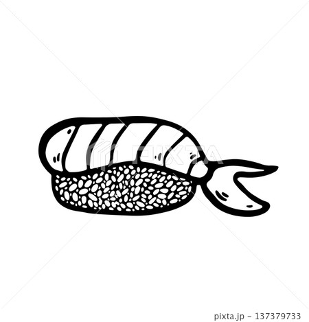 Hand drawn doodle nigiri sushi illustration. Single nigiri piece isolated on white background. Simple outline drawing suitable for food design, packaging, branding, prints, menus, and Japanese cuisine 137379733