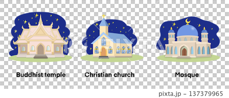 illustration of world religious buildings featuring Buddhist temple, Christian church, and Islamic mosque under starry night sky, set of diverse places of worship on white background 137379965