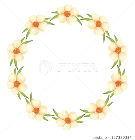 Round frame with fresh flowers and green leaves. Hand painted watercolor spring wreath. Round frame with fresh flowers and green leaves. Hand painted watercolor spring wreath. 137380334