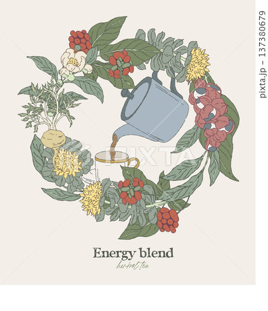 botanical wreath with teapot pouring herbal tea 137380679