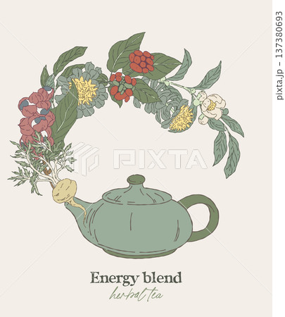 Hand drawn energy herbal blend wreath with teapot 137380693