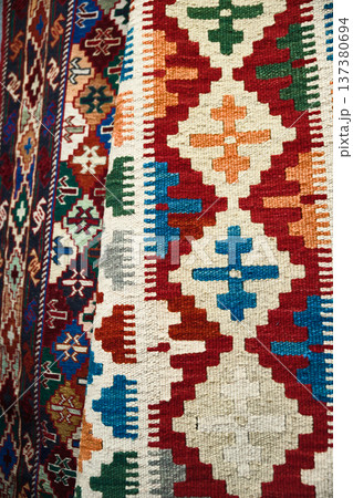 Traditional Colorful Kilim Carpet with Geometric Pattern 137380694