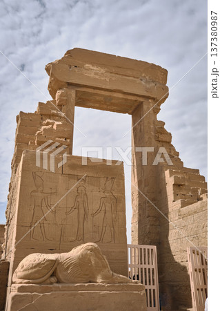 Ancient Egyptian Temple Entrance with Carved Stone Reliefs Ancient Egyptian Temple Entrance with Carved Stone Reliefs 137380987