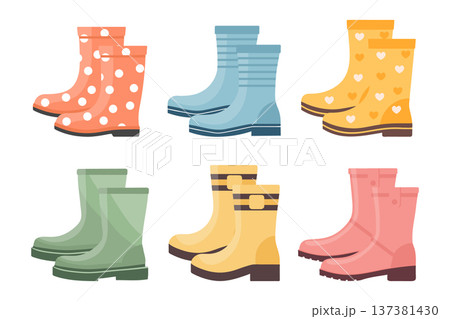 Rubber boots icon set isolated on white background. Collection of colorful waterproof boots. Rubber boots icon set isolated on white background. Collection of colorful waterproof boots. 137381430