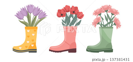 Set of rubber boots with bouquets of spring flowers. Cute spring illustrations. Set of rubber boots with bouquets of spring flowers. Cute spring illustrations. 137381431