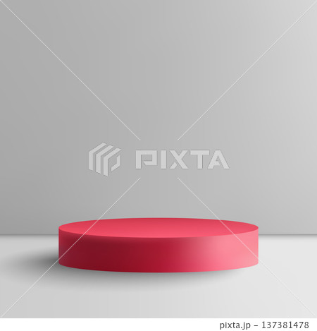 Red 3D podium on light grey background, minimalist circular platform for bold product presentation. eps 10 Red 3D podium on light grey background, minimalist circular platform for bold product presentation. eps 10 137381478