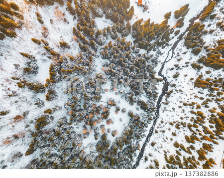 Bird's eye view shows a winter forest covered in snow. A creek runs through the landscape, surrounded by trees. This scene captures nature during the cold season. Bird's eye view shows a winter forest covered in snow. A creek runs through the landscape, surrounded by trees. This scene captures nature during the cold season. 137382886