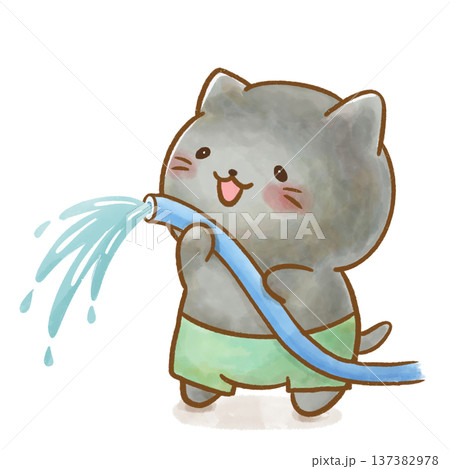 水着でホースから水を出す黒猫の水彩イラスト。夏の園行事、プール、熱中症対策の案内に。 137382978