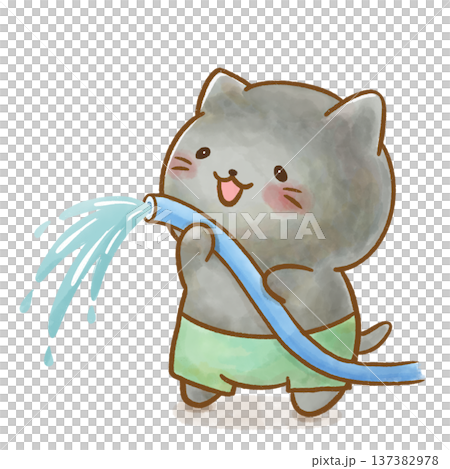 一幅水彩插畫,描繪了一隻穿著泳衣的黑貓正用軟管噴水。非常適合夏季幼兒園活動、游泳池以及預防中暑。 一幅水彩插畫,描繪了一隻穿著泳衣的黑貓正用軟管噴水。非常適合夏季幼兒園活動、游泳池以及預防中暑。 137382978