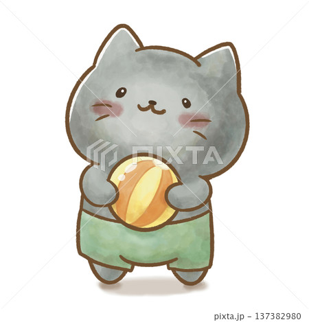 水着でビーチボールを持つ黒猫の水彩イラスト。夏休み、プール開き、水遊びの挿絵に。 137382980