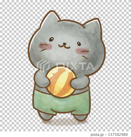 水着でビーチボールを持つ黒猫の水彩イラスト。夏休み、プール開き、水遊びの挿絵に。 137382980